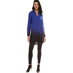 Elie Tahari Design Nation Blue Ombre Tunic Blouse L Hidden Placket Long Sleeve